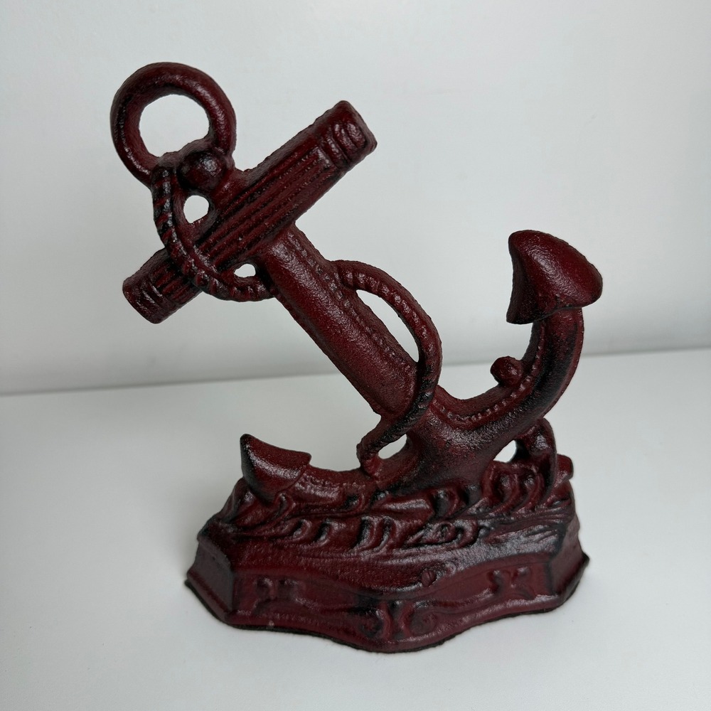 Anchor Bookends Nautical Cast Iron Set 2 Burgundy Red Coastal Decor - Picture 2 of 8